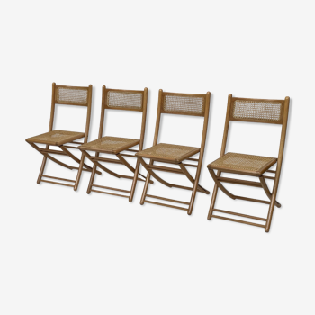 Ensemble de quatre chaises pliantes vintage avec sangle et bois des années 1970