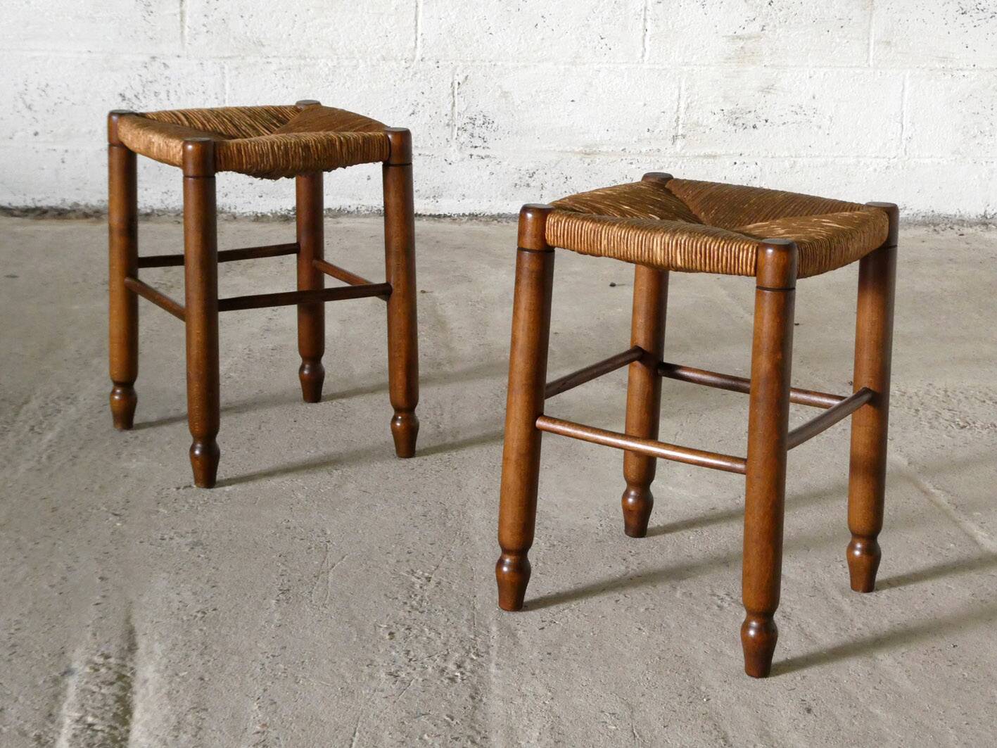 paire de tabourets en bois et paille, 1960