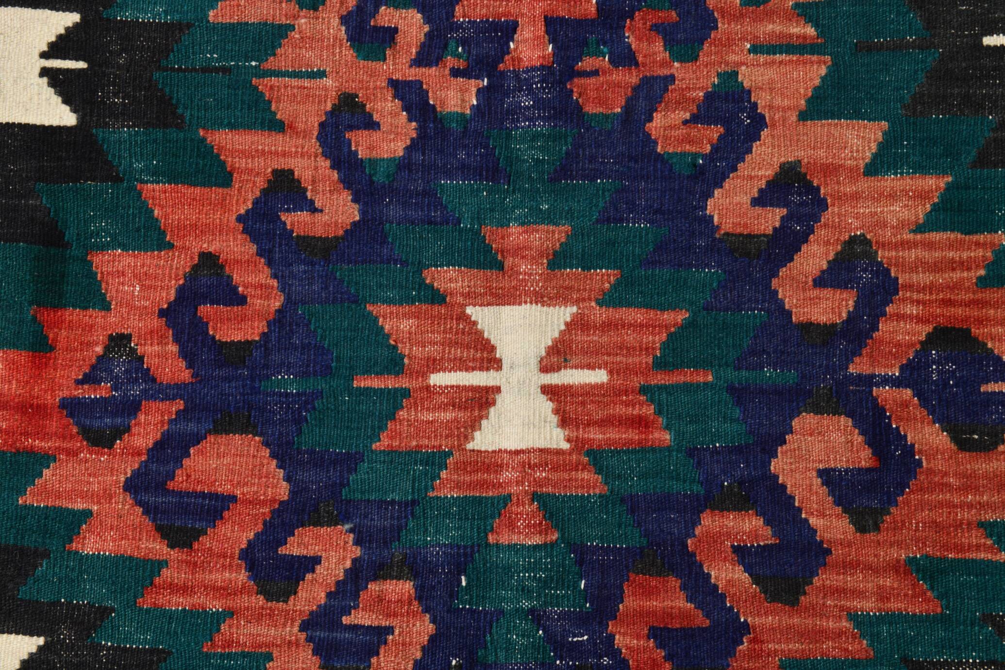 5x8 Blue & Red Geometric Style Vintage Kilim Rug, 158x238Cm