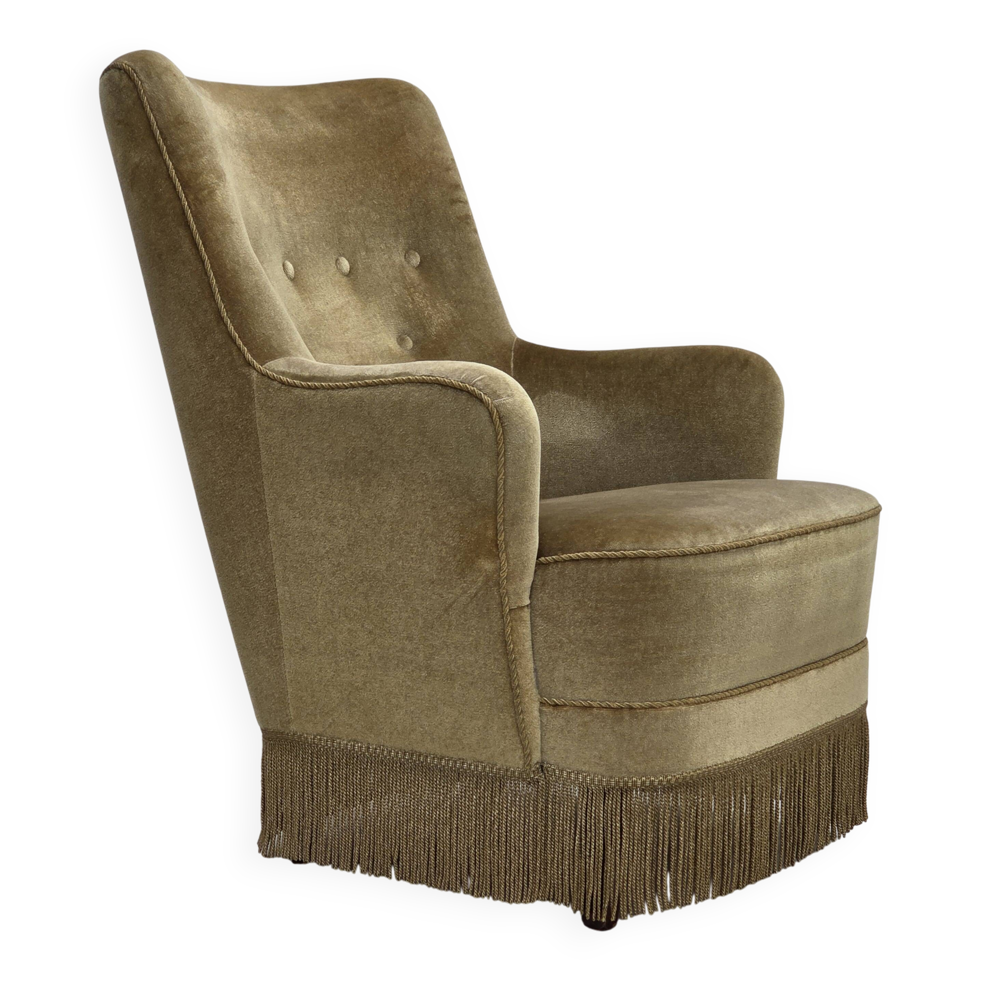 1970s, Danish highback armchair, light green furniture velour.