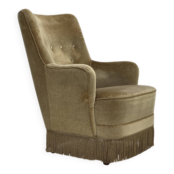 Fauteuil danois à dossier haut, années 1970, en velours vert clair.