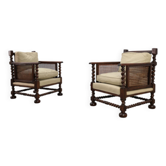 Pair of Antique English Oak and Rattan Armchairs with Twisted Details, UK c