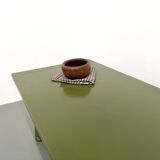 Glossy olive green lacquered dining table — DLG Georges Robert, Circa 1970