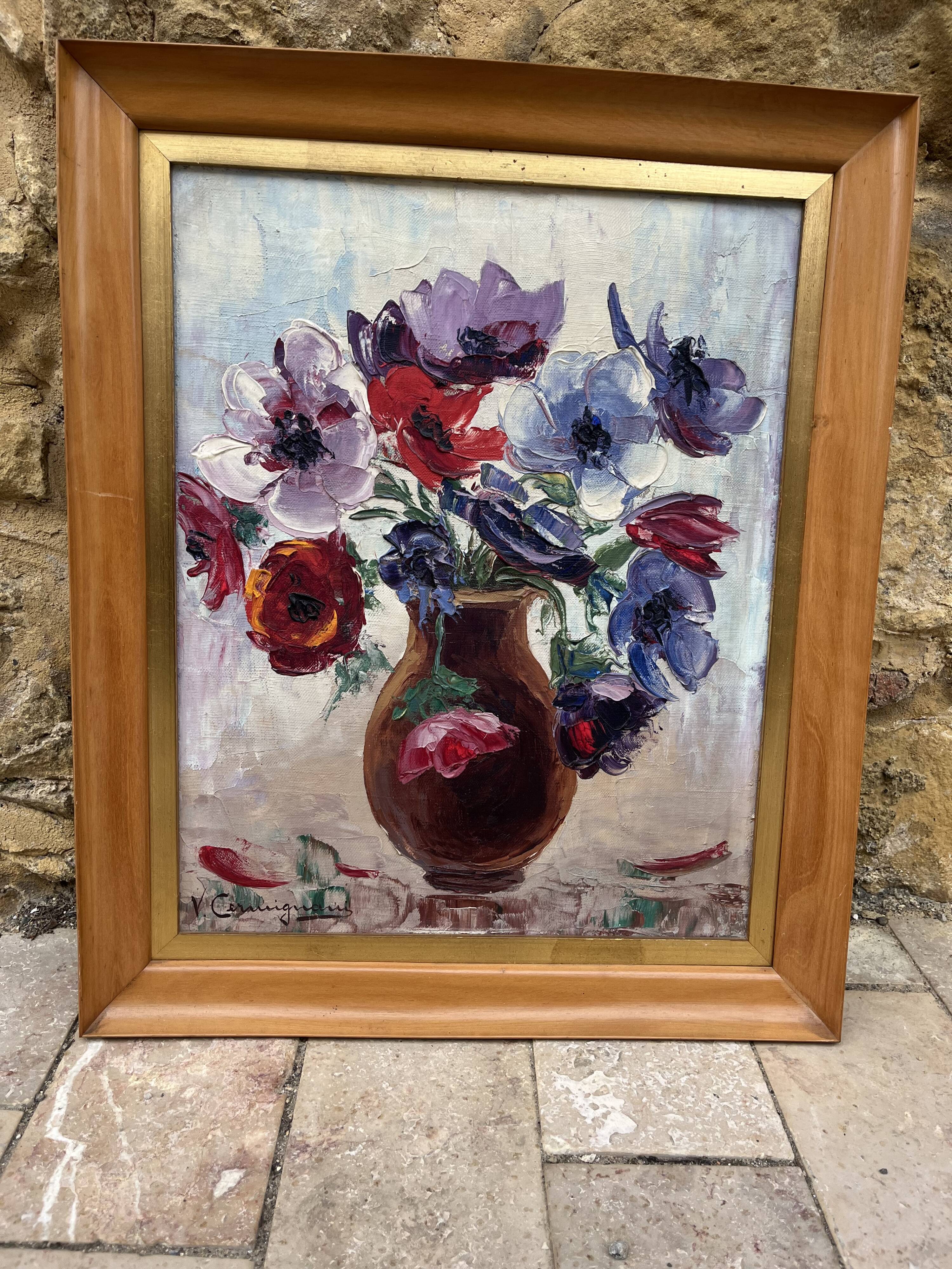 Vintage painting – Oil on canvas flower bouquet – signed – 1950s
