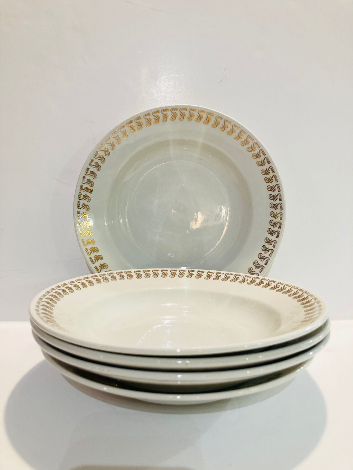 X5 Luneville earthenware soup plates with golden decoration