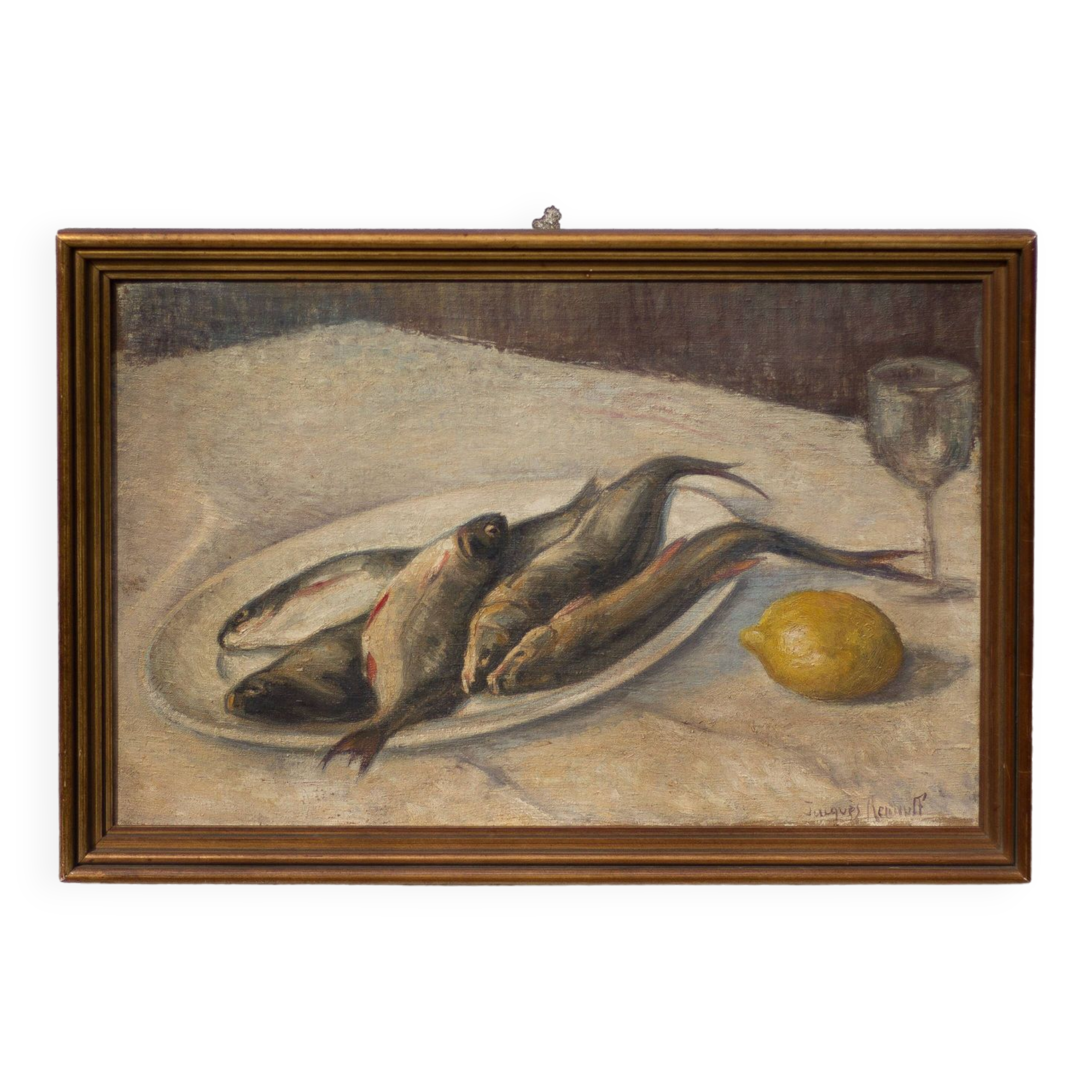 Vintage painting, still life fish painting, signed painting, wall decoration, home decor