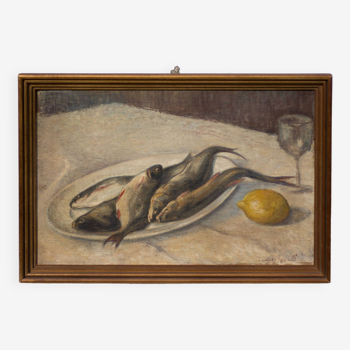 Vintage painting, still life fish painting, signed painting, wall decoration, home decor