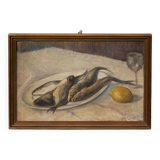 Tableau vintage, tableau nature morte poisson, peinture signée , décoration murale,home decor