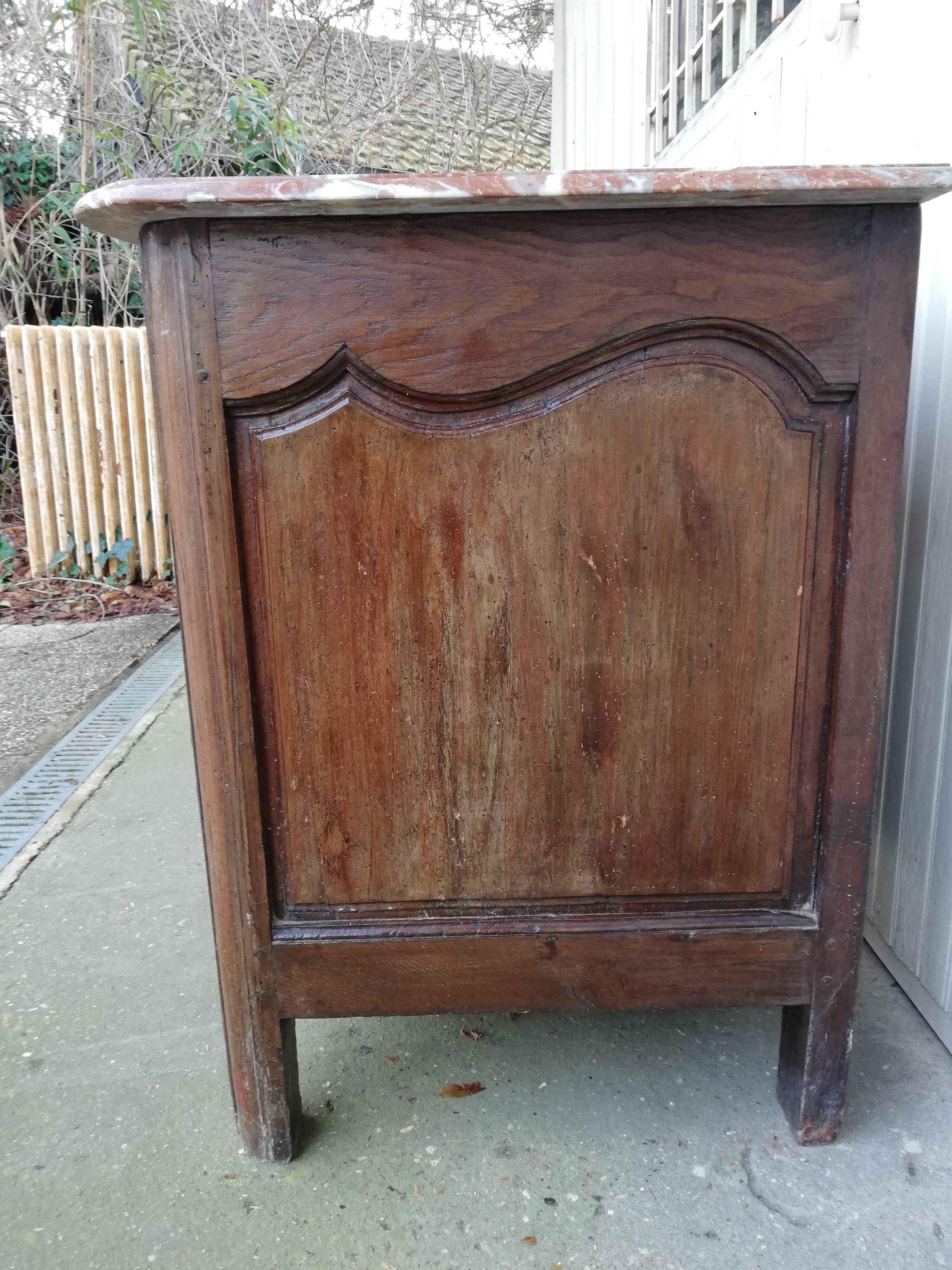 Louis XVI style curved chest of drawers, wooden structure and marble top