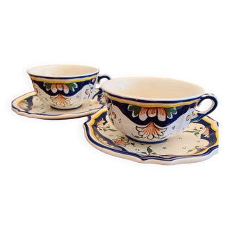 Pair of earthenware cups & saucers "Vieux Rouen"