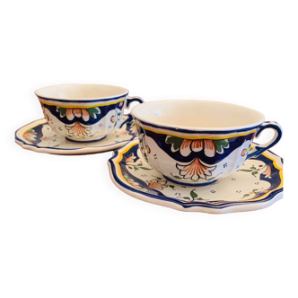 Pair of “Vieux Rouen” earthenware cups and saucers