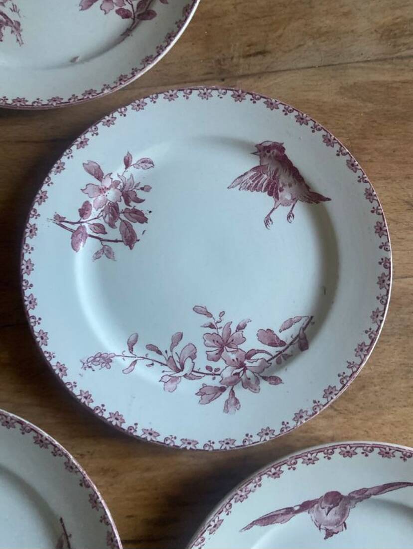 A series of eight flat plates in Terre de fer earthenware, Favori aux oiseaux model - pink tint