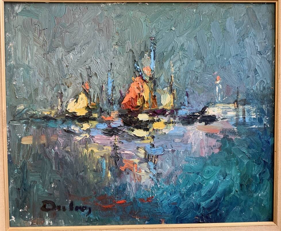 Oil on panel Arcachon Bay Cap Ferret Lighthouse 1970 signed J.Dubroc
