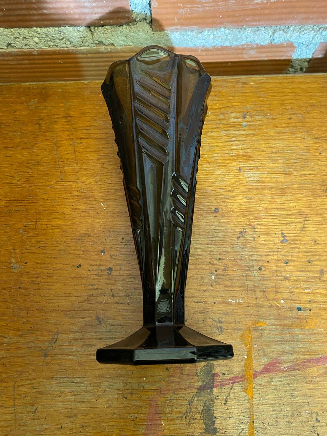 Antique Art Deco Smoked Grey Molded Glass Vase Vintage Decoration