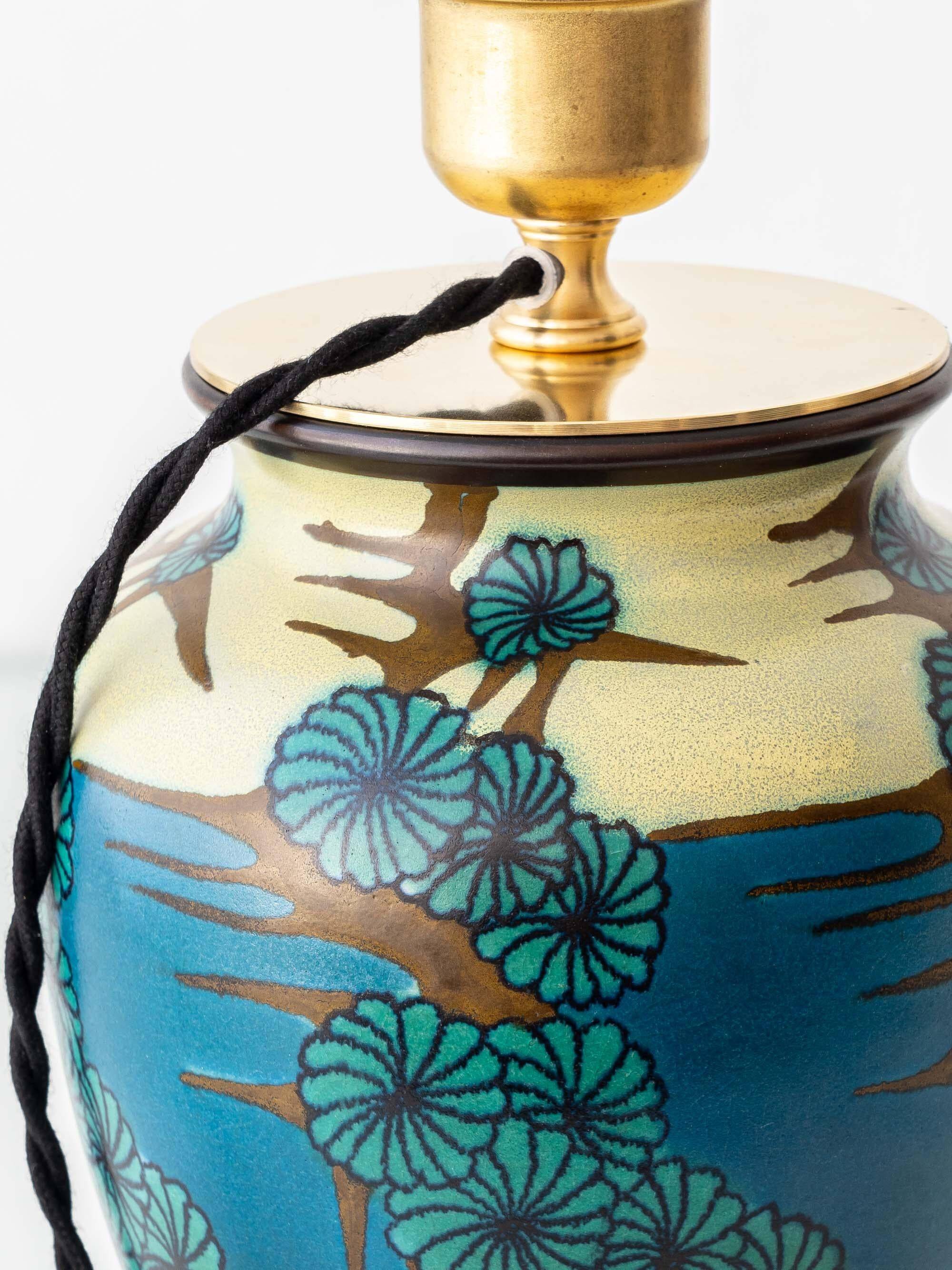 Art Deco Japonisme ceramic table lamp, 1928, new silk sari ribbon lampshade.