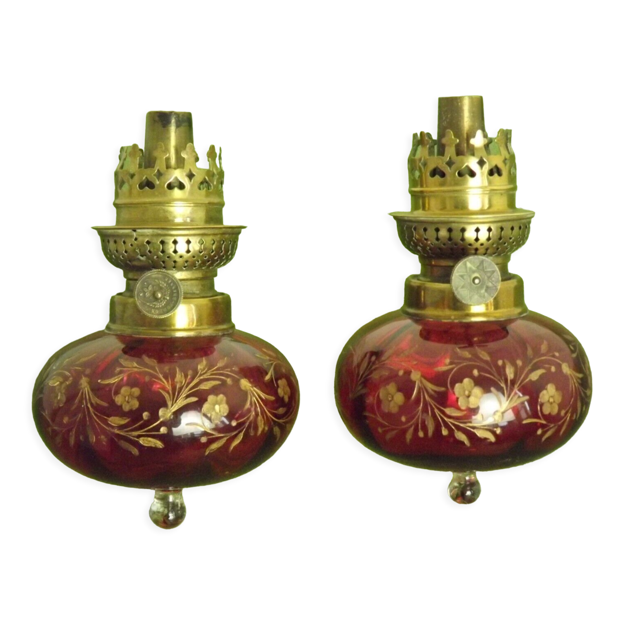 2 French Antique Cranberry Glass Oil Lantern Reservoirs Etched Gold Flowers 3984
