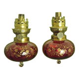 2 French Antique Cranberry Glass Oil Lantern Reservoirs Etched Gold Flowers 3984