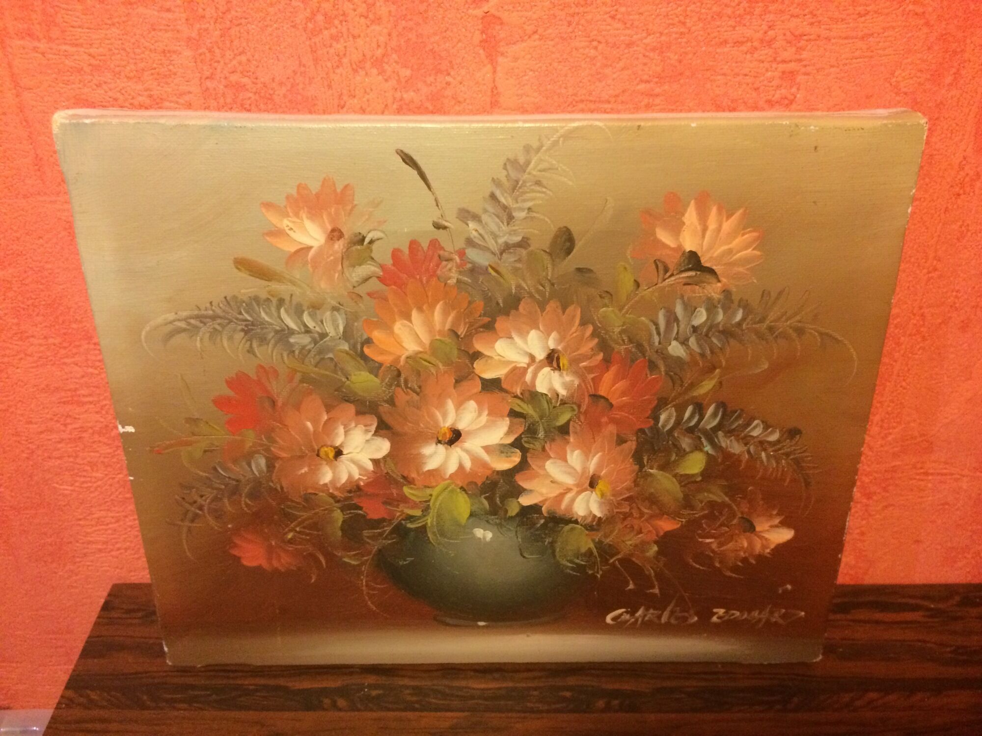 Ancient oil painting Charles Edouard vintage flower bouquet
