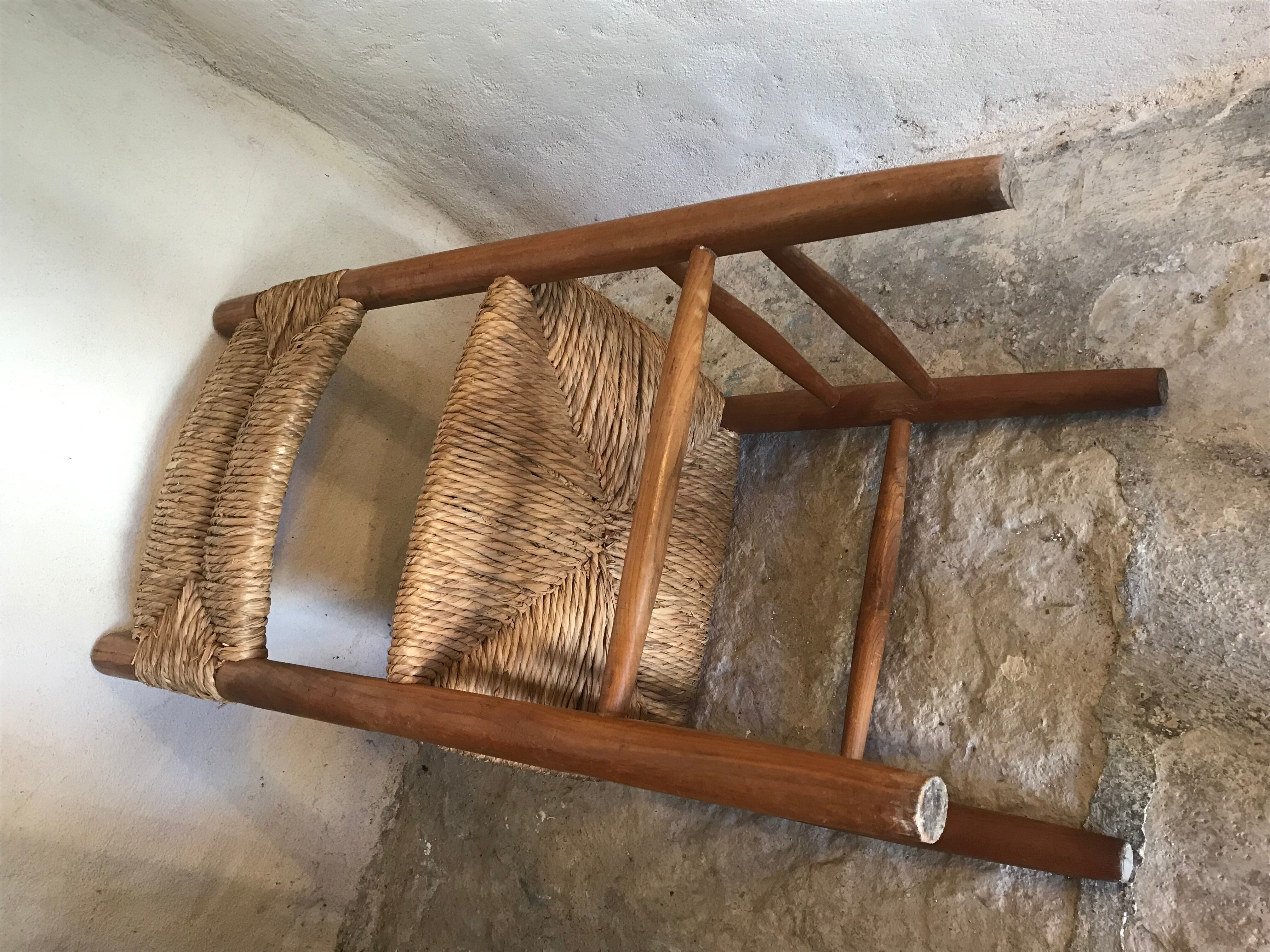 Brutalist vintage beech chair and mid-century straw