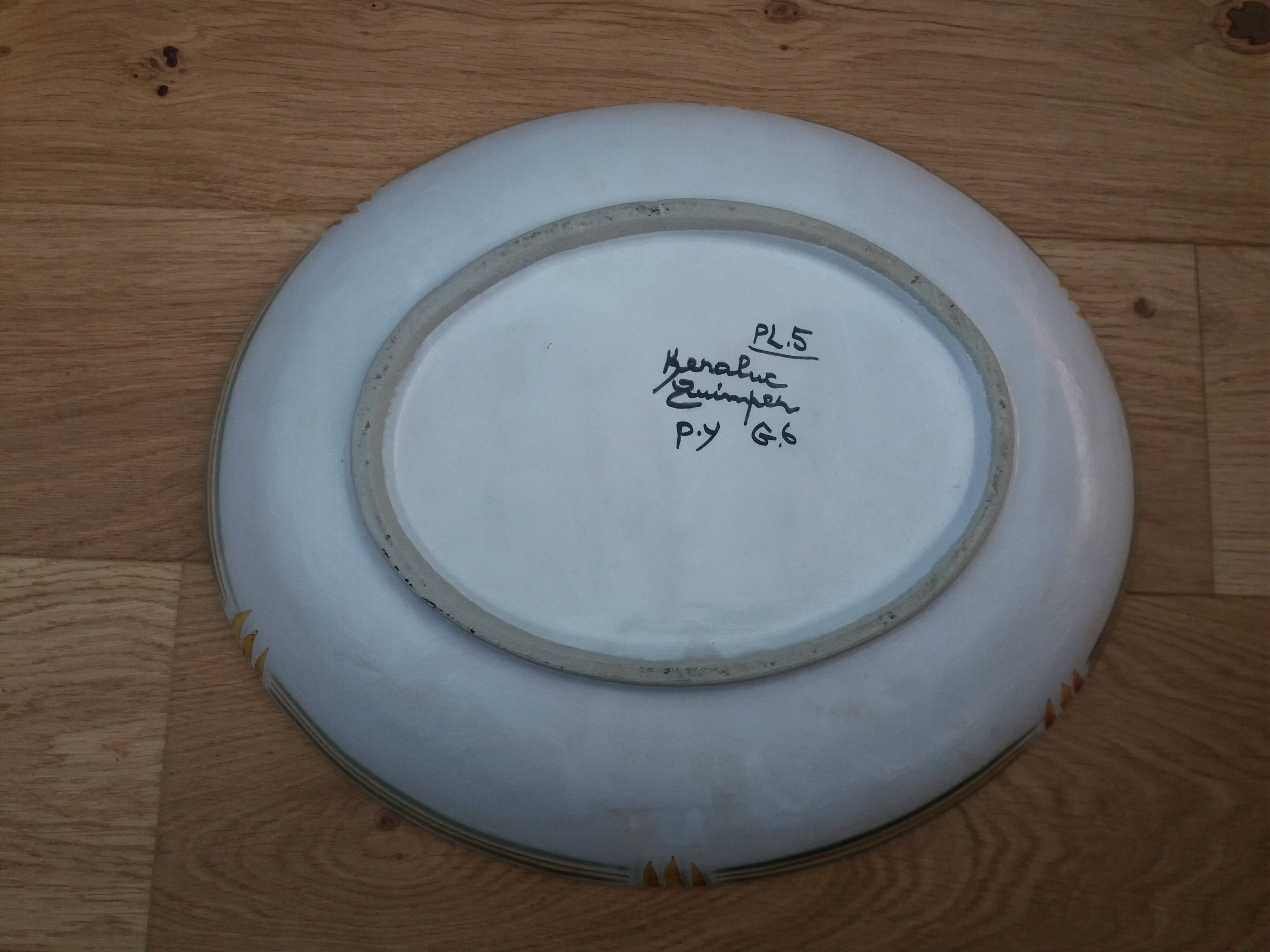 Keraluc Quimper oval flat salad bowl signed Yvonne Pennec