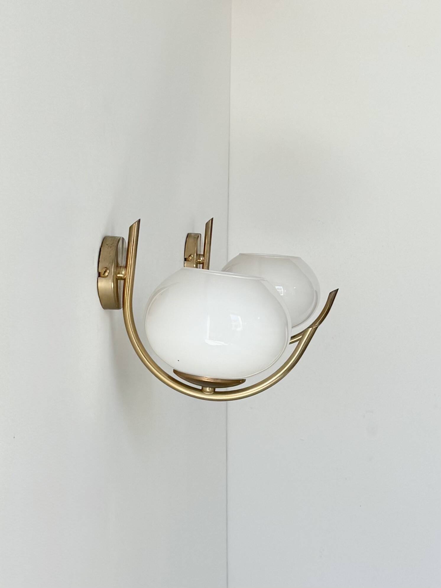 Pair of vintage wall sconces, brass and opaline, France, 1970.