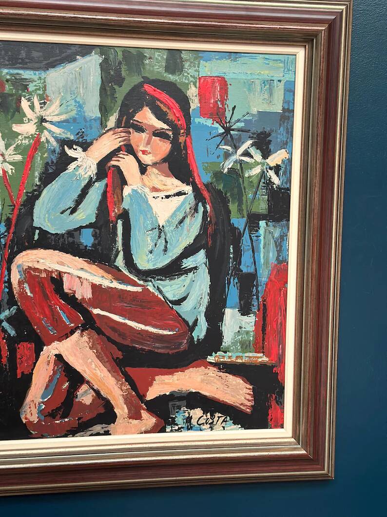 Original Swedish Oil on Canvas - "Portrait of a Young Woman" by M. Costa - Signed - Vintage and Framed - 82.5 × 67.3 cm