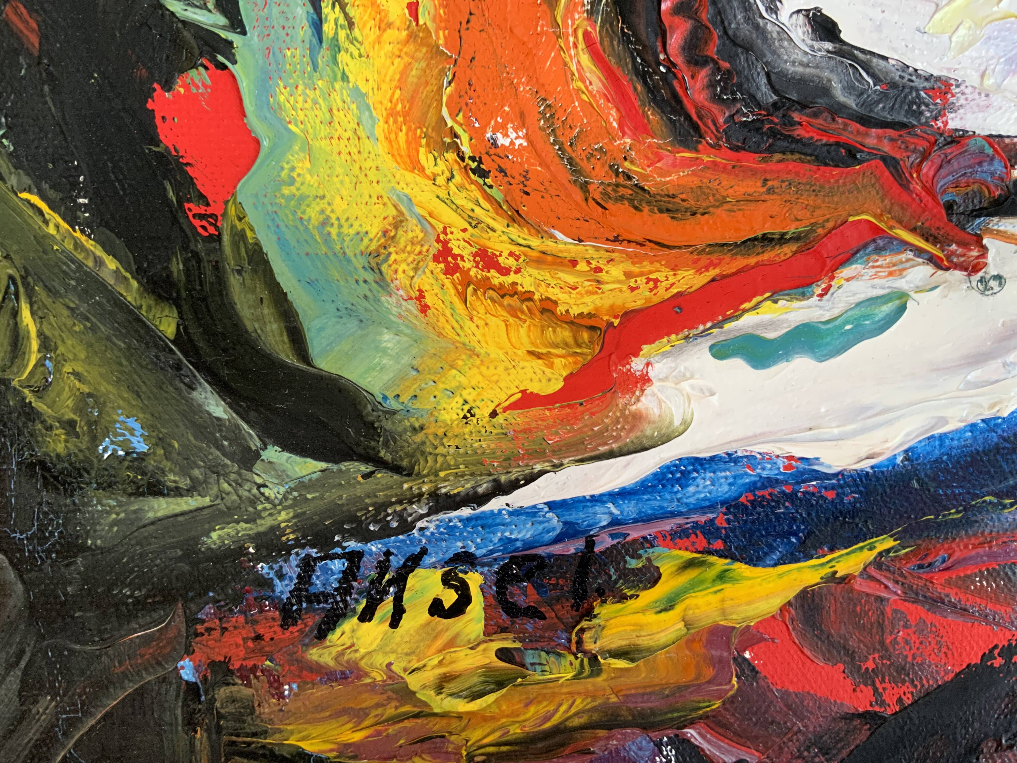 Petite peinture abstraite vintage de paysage, signée Axel, années 1970.
