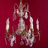 French antique 5 light brass crystal & glass acanthus leaf chandelier