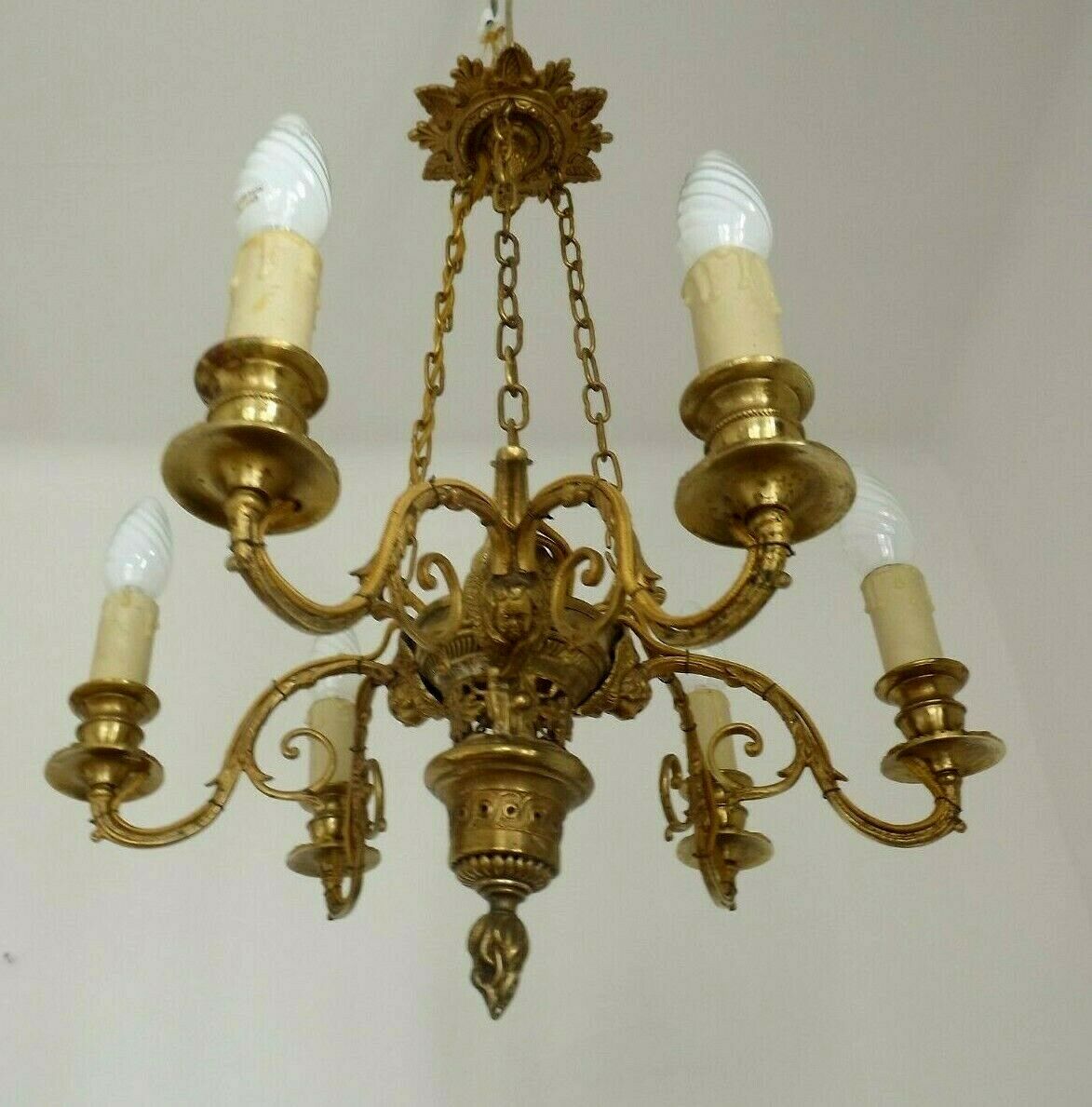 French victorian brass 6 light cherub chandelier with floral decoration