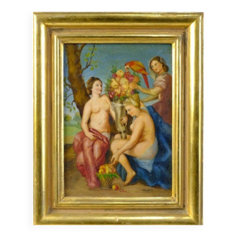 Mid 20th Century Portrait of Three Nudes Oil Painting, Framed