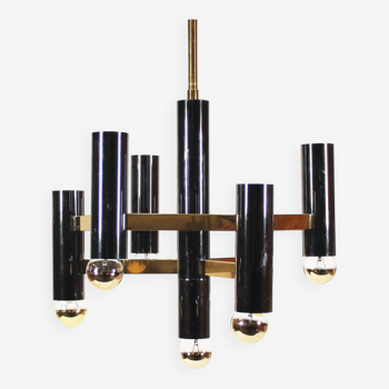 Brass & gunmetal geometric chandelier by "Boulanger S.A."