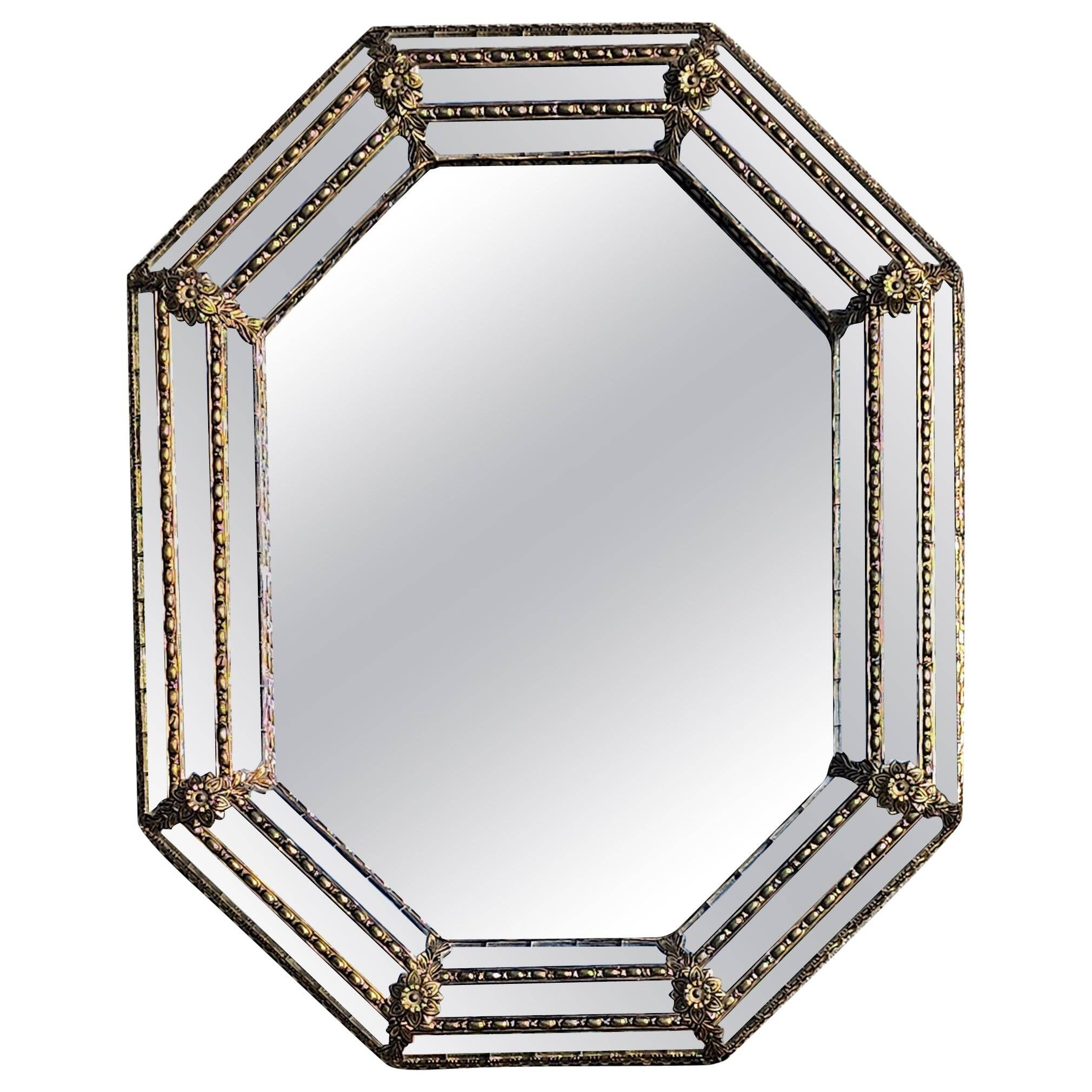 Octagonal Hollywood Regency Mirror with Floral Brass Accents, 1970s