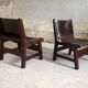 Pair of brutalist armchairs in wood and leather, 1970