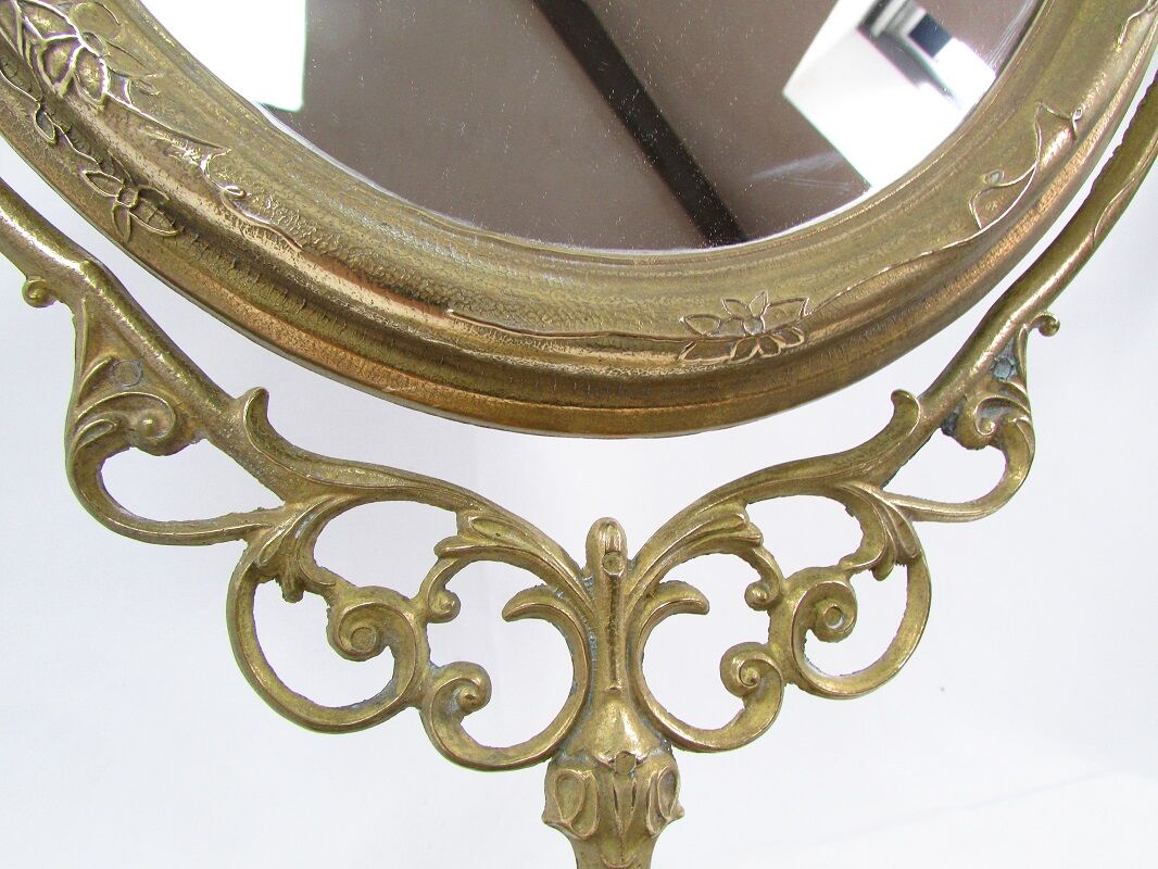 Tilting table mirror and art nouveau photo holder in bronze