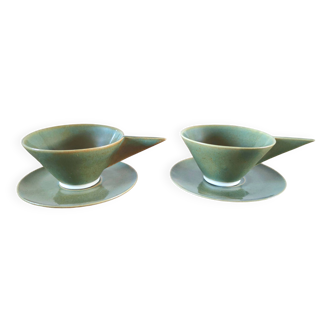 2 Puisaye stoneware cups and saucers signed NP André Nolte