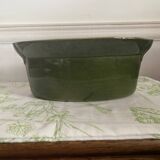 Old Oval Enameled Stoneware Dish with Wild Boar and Mushroom Hunting Motif