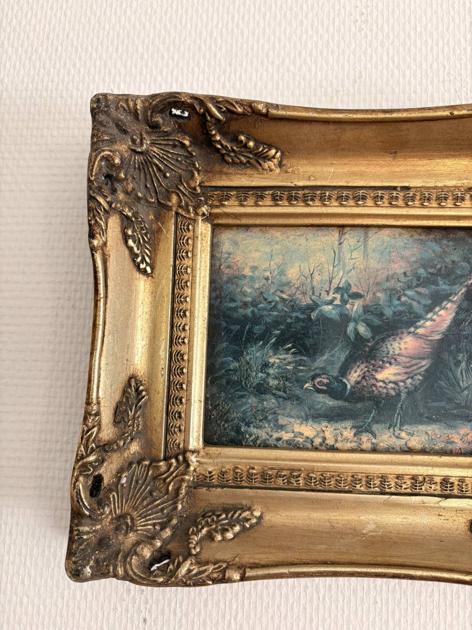 Ancient Impressionist Painting Hunting Pheasant English Rococo Frame