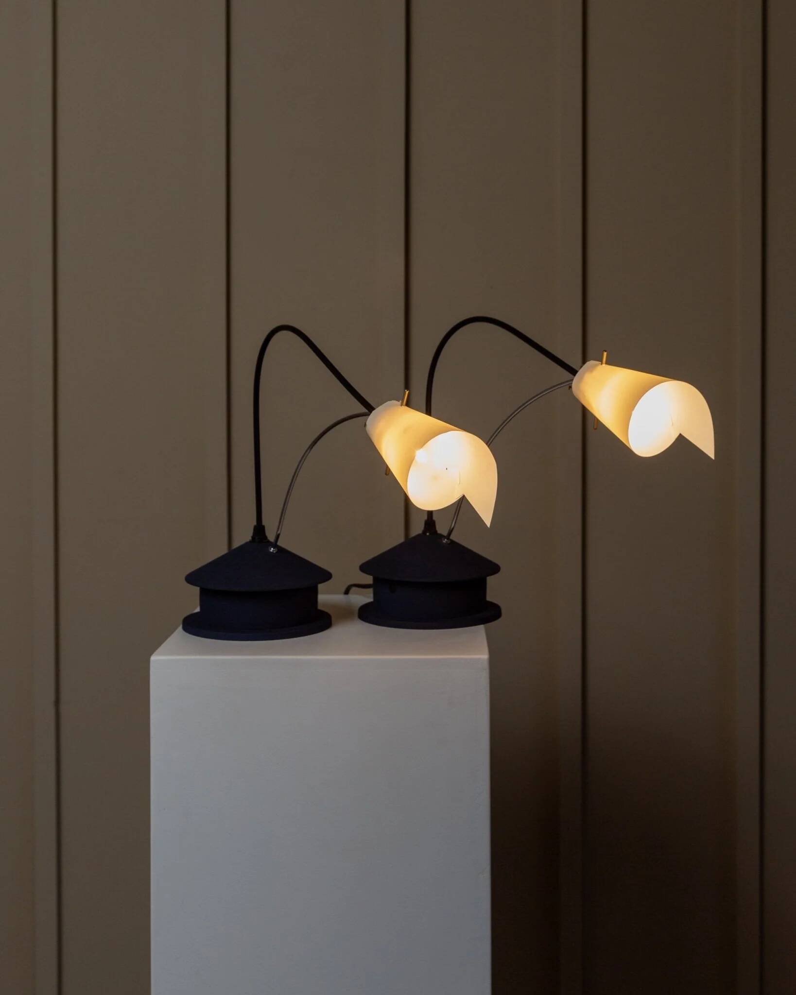 Vintage blue metal table lamp with adjustable chrome neck and white plastic origami shade, 1980s Italy