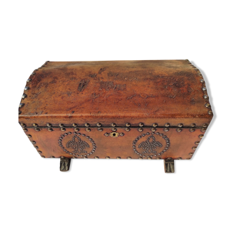 Small wooden box and vintage studded bulging leather with handles