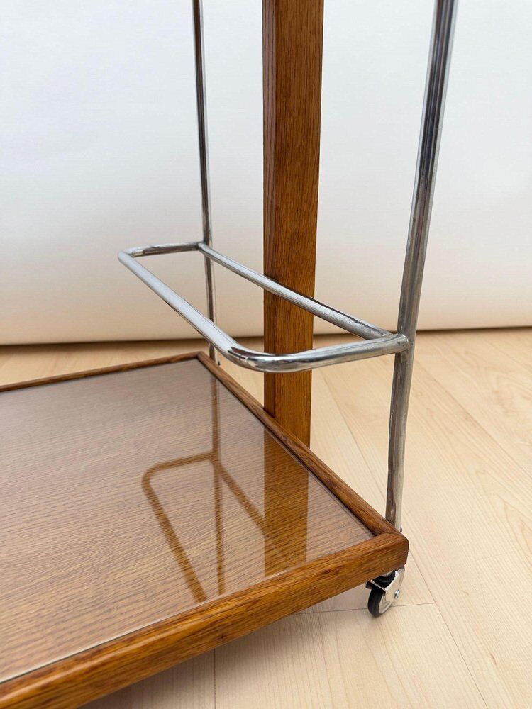 Chariot de service Art Déco en chêne, chrome et verre, France, 1930