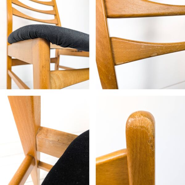Lot de 6 chaises en bois du milieu du siècle Chaise de bar de design danois Revêtement noir vintage MCM Re