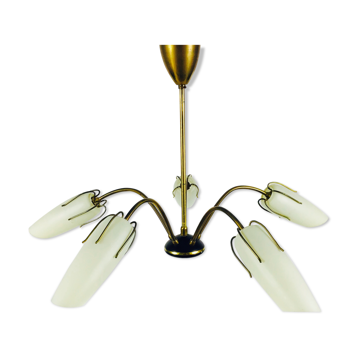 Mid century modern 5-arm opaline glass chandelier, 1950s
