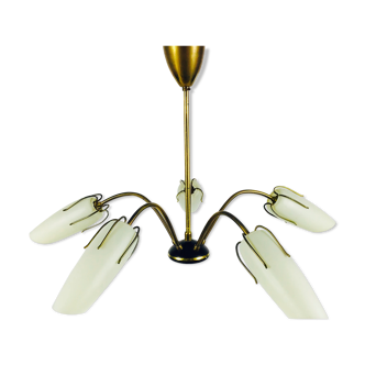 Lustre à 5 branches en opaline et verre, années 1950