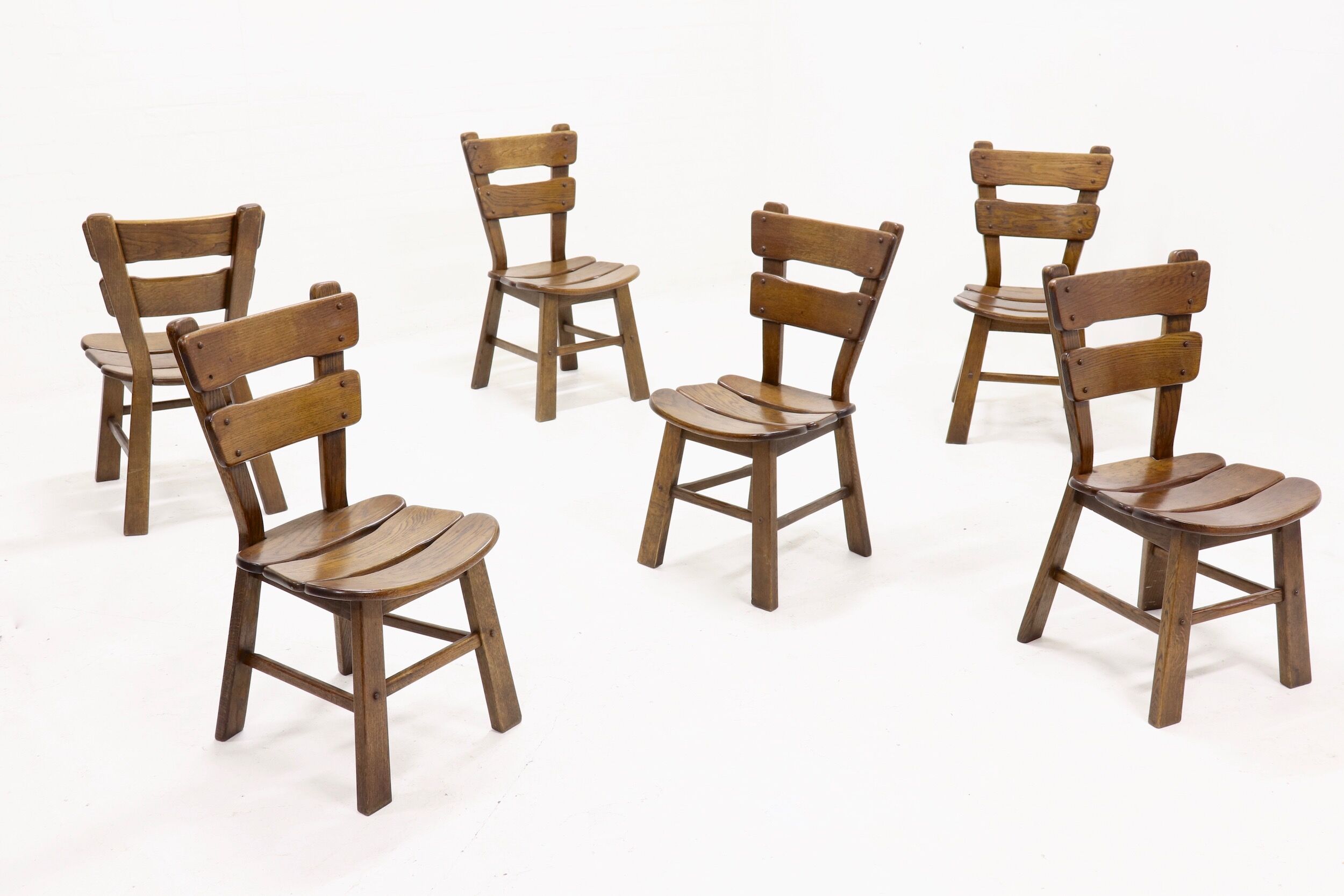 Set of 6 brutalist oak spanish dining chairs 1950