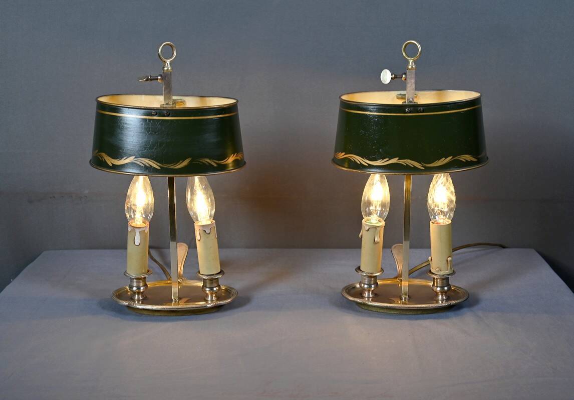 Pair of "Bouillotte" Lamps in Brass, Empire Style – Early 20th Century