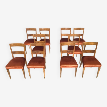 Ensemble de dix chaises de salle à manger vintage en noyer avec rembourrage en tissu orange, Italie