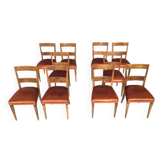 Set of Ten Vintage Walnut Dining Chairs with Orange Fabric Upholstery, Italy