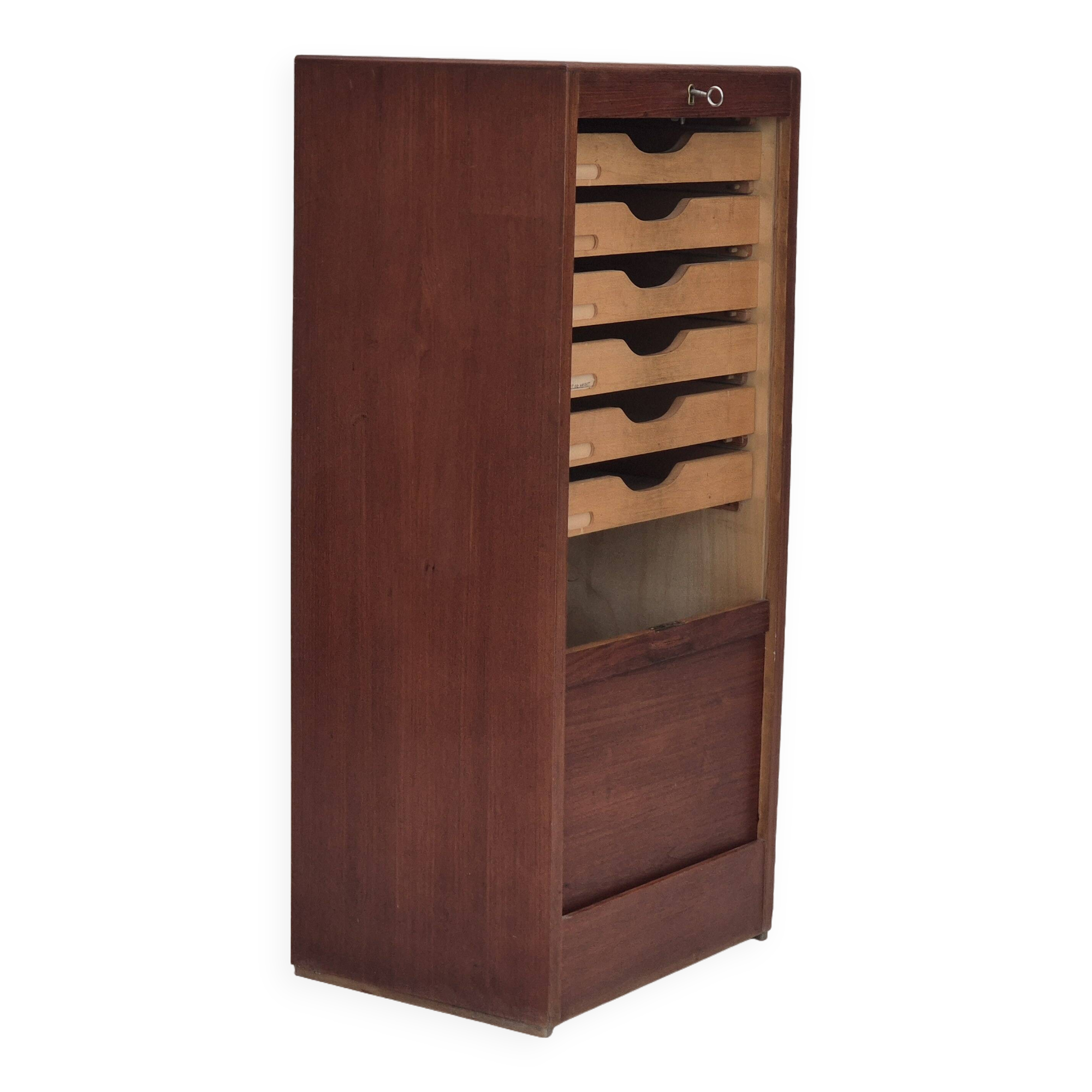 1960s, Danish office cabinet, original condition, teak wood, sliding doors, drawers inside.