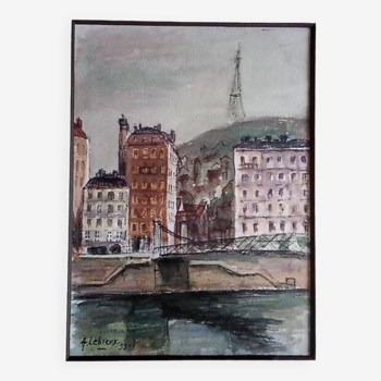 André Lebreux - Watercolor 35 x 26 cm - the Saint-Vincent footbridge in Lyon