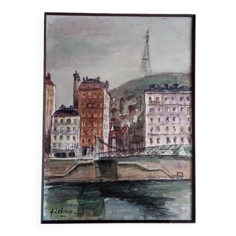 André Lebreux - Aquarelle 35 x 26 cm - la passerelle Saint-Vincent à Lyon